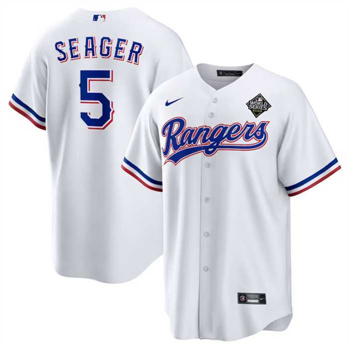Mens Texas Rangers #5 Corey Seager White 2023 World Series Stitched Baseball Jersey Dzhi